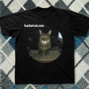 Hacker Cat Graphic Tee Black Internet Meme Computer Cat Shirt